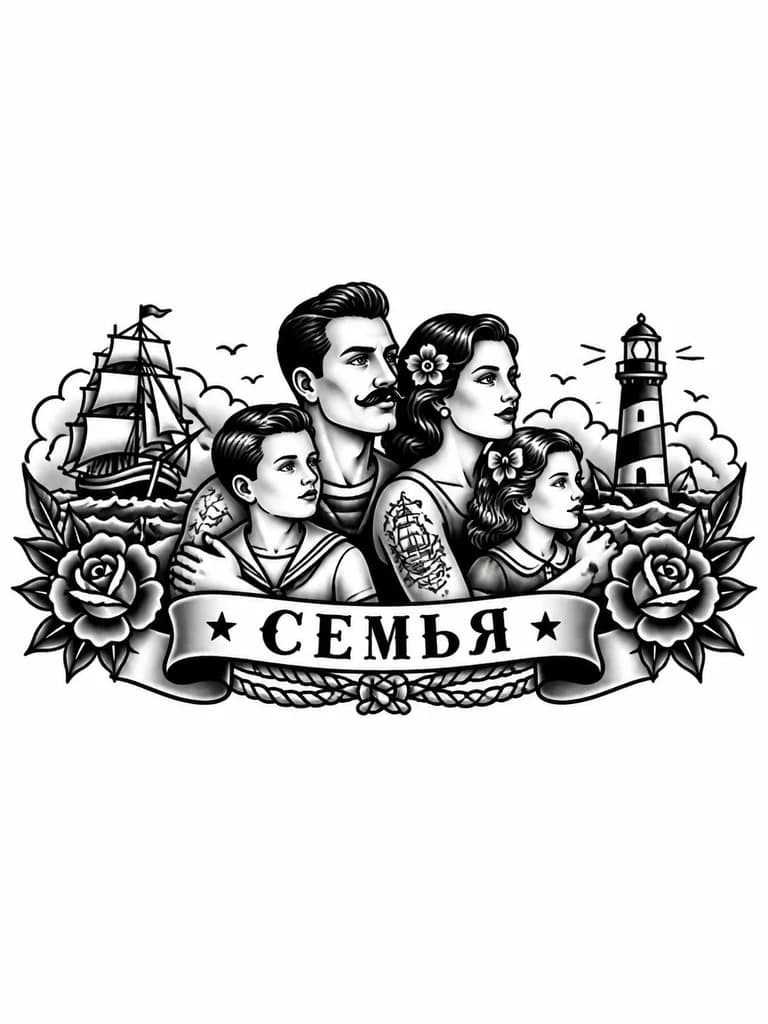 Тату эскиз: Что-то связанное с женой и двумя детьми 