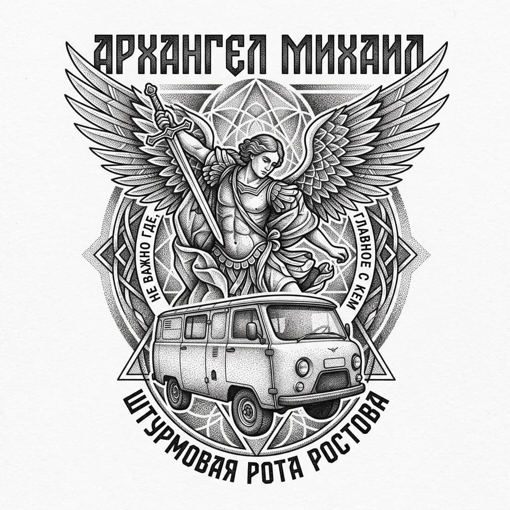Тату эскиз: Архангел Михаил с мечом реализм на предплечье и машина УАЗ буханка
Штурмовая рота Ростова