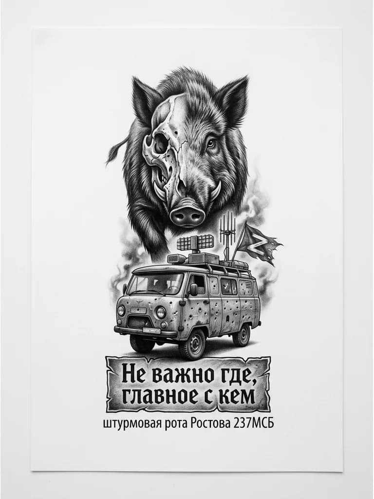Тату эскиз: Кабан с черепом и машина УАЗ буханка в дырках и РЭБ война
