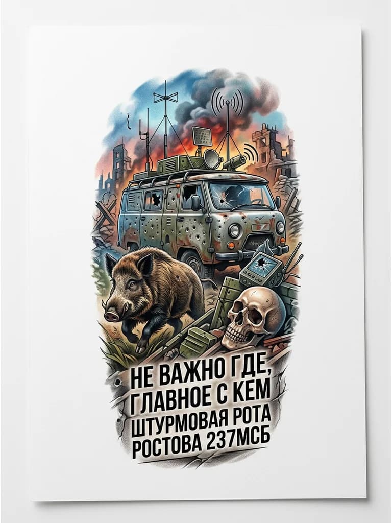 Тату эскиз: Кабан и череп отдельно друг от друга и машина УАЗ буханка в дырках и РЭБ война
