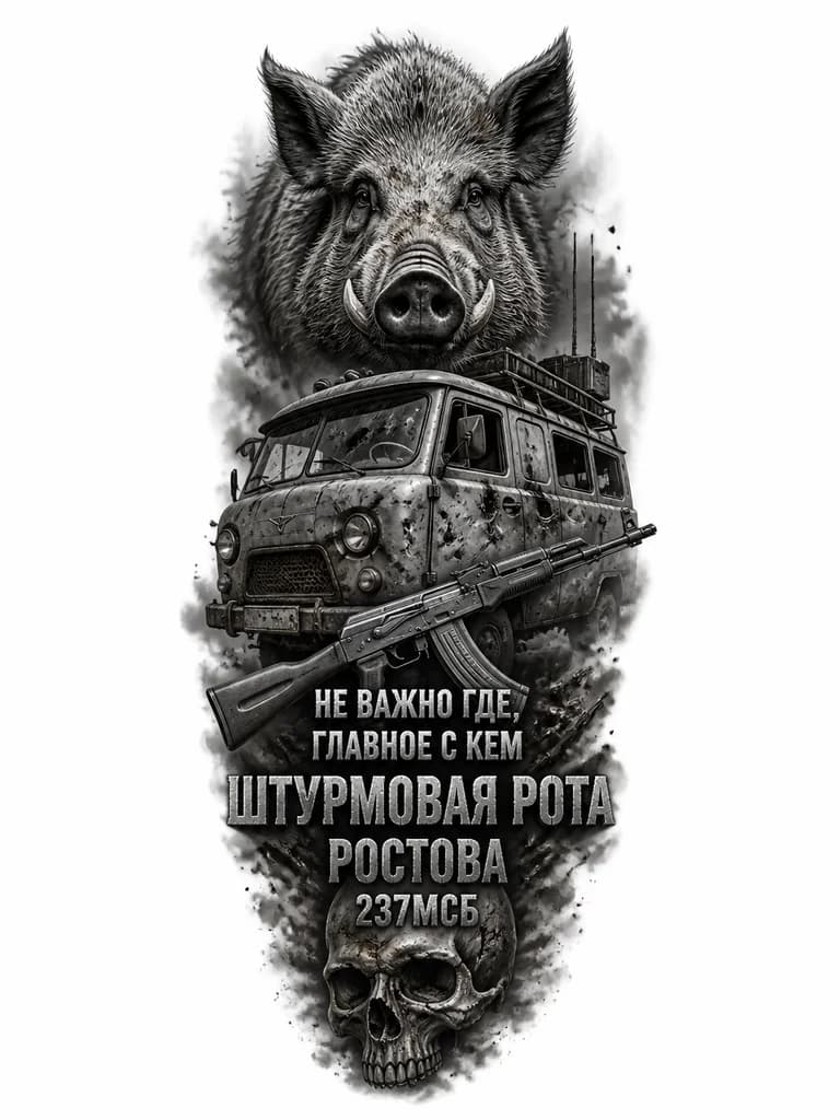 Тату эскиз: Кабан и череп отдельно друг от друга и машина УАЗ буханка в дырках автомат Калашникова и РЭБ война
