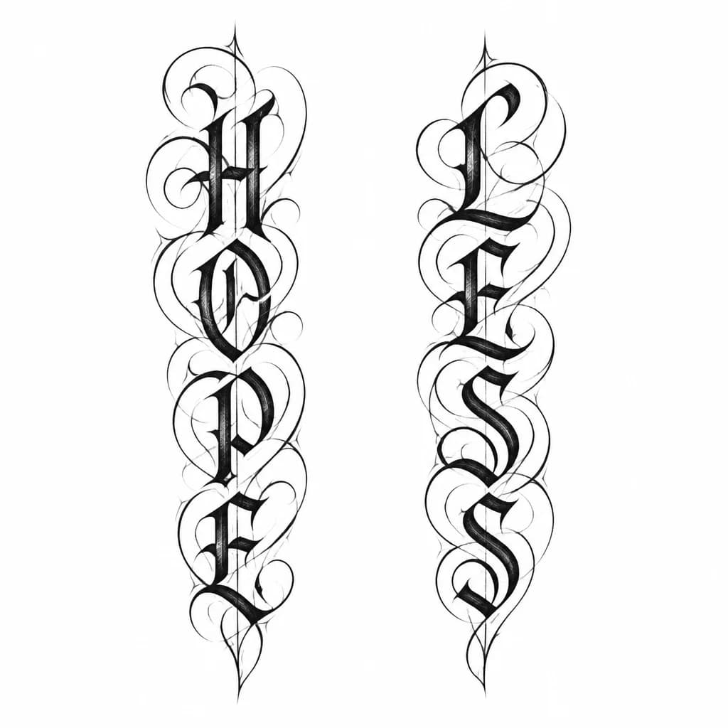 Тату эскиз: на одной икре набито HOPE НА ДРУГОЙ LESS