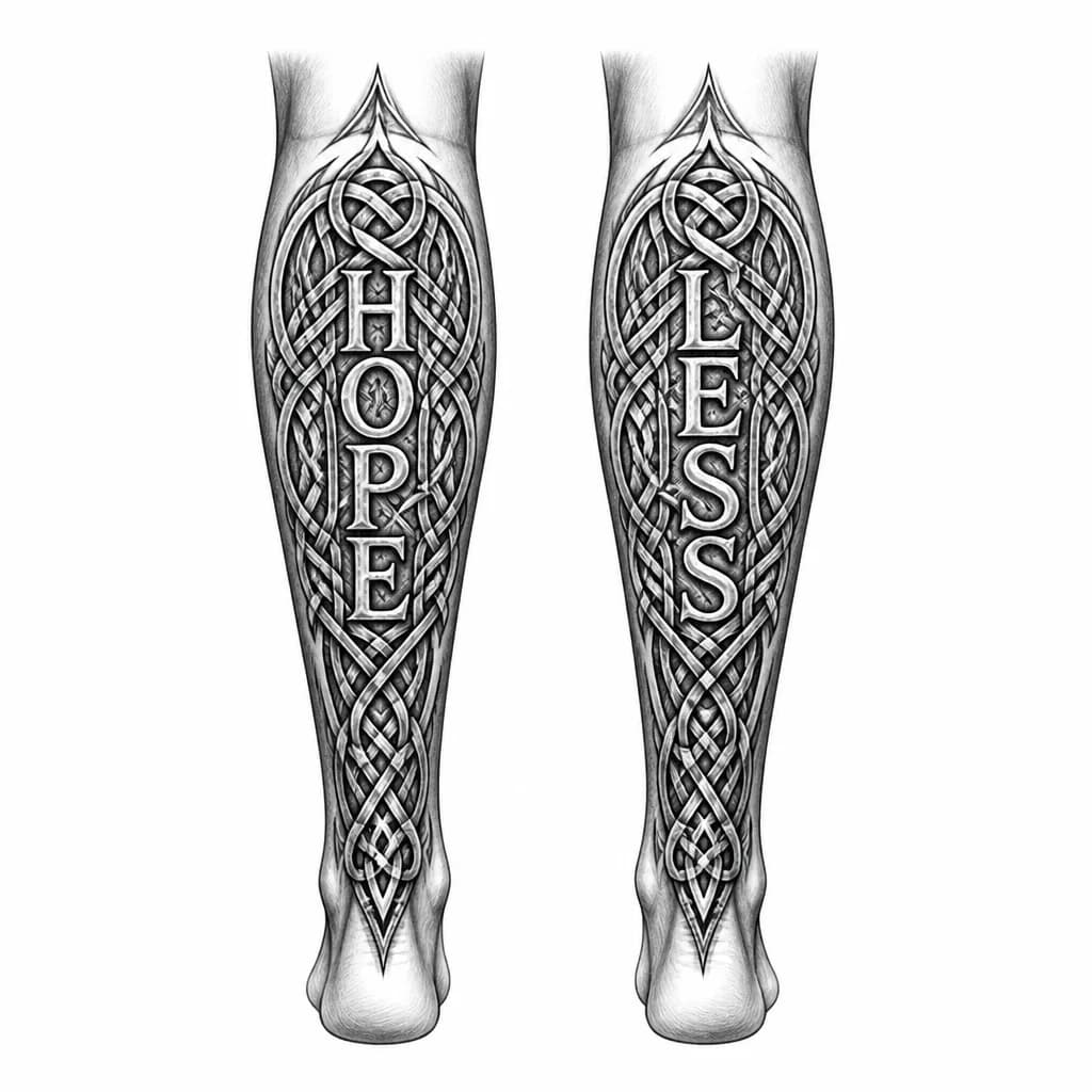 Тату эскиз: на одной икре набито HOPE НА ДРУГОЙ LESS