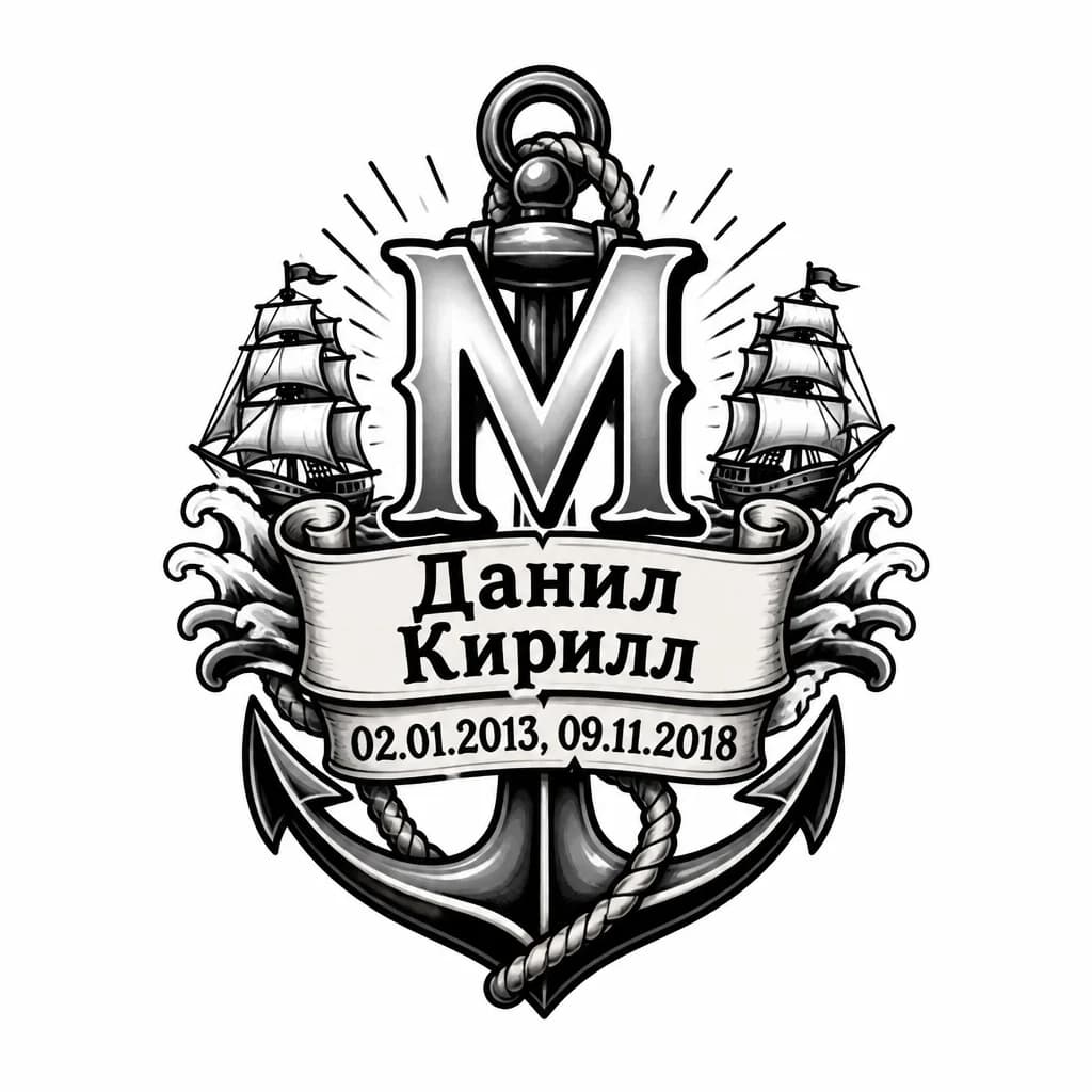 Тату эскиз: буква М, имена Данил и Кирилл, даты рождения 02.01.2013, 09.11.2018
