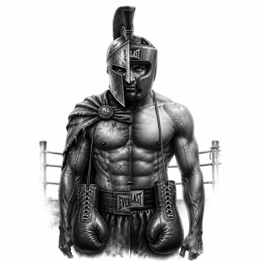 Тату эскиз: На половину Спартанец в шлеме, на половину боксёр в шлеме everlast глаза видны, боксерские перчатки на шнурках висящие в низ, ринг, тени