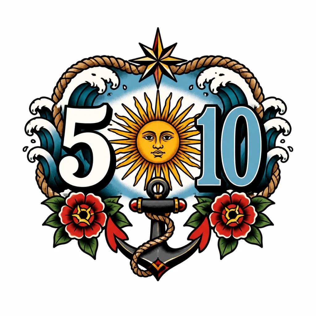 Тату эскиз: Число 5(белое) и число 10(голубое), между ними солнце с флага аргентины