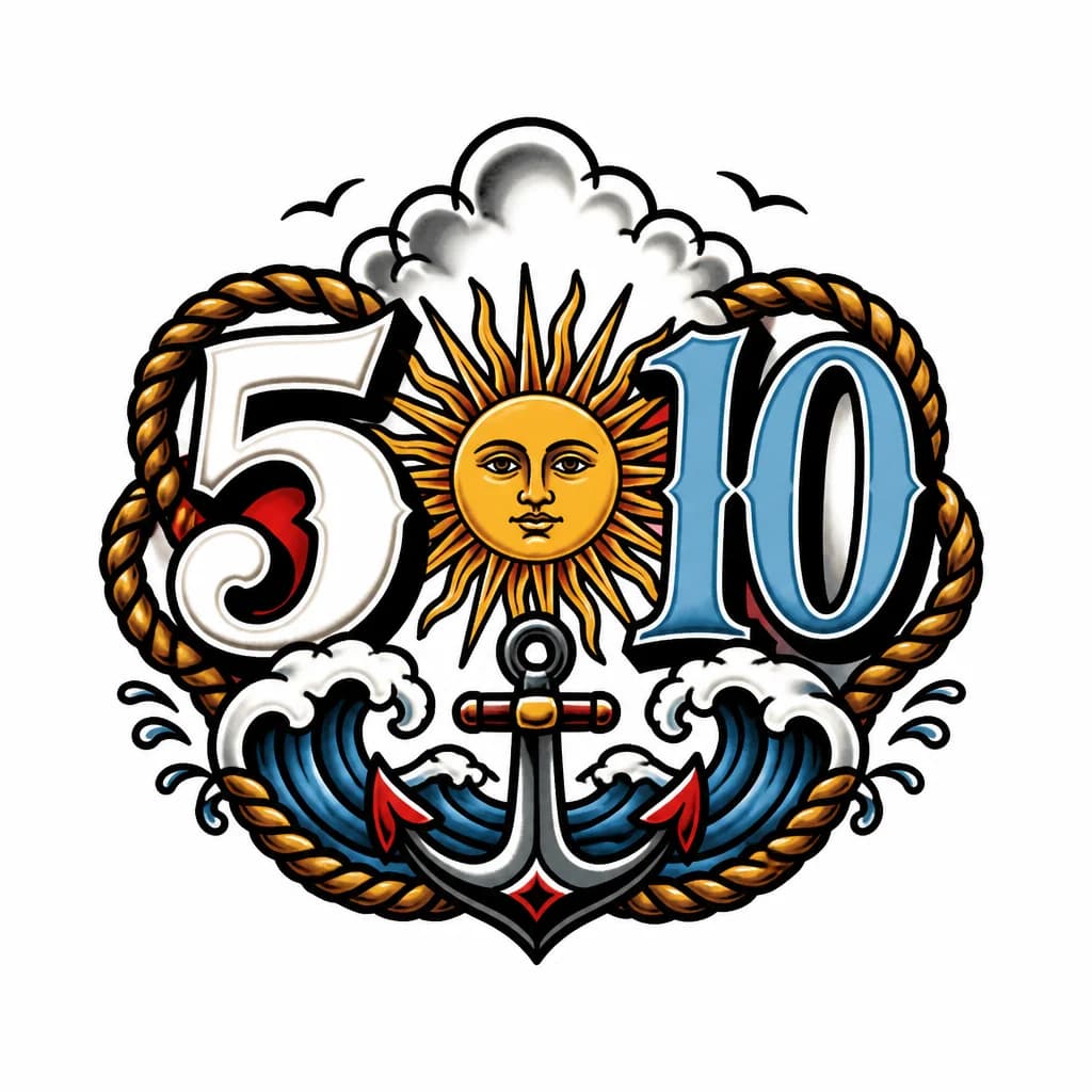 Тату эскиз: Число 5(белое) и число 10(голубое), между ними солнце с флага аргентины