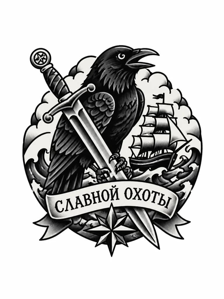 Тату эскиз: Ворон, меч, надпись славной охоты