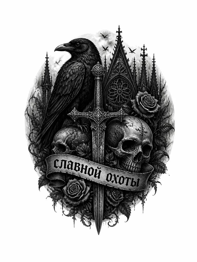 Тату эскиз: Ворон, меч, надпись славной охоты