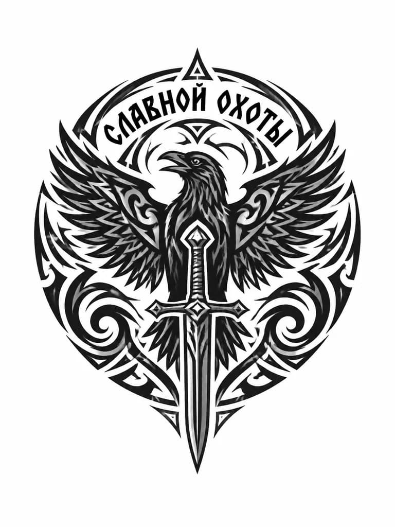Тату эскиз: Ворон, меч, надпись славной охоты