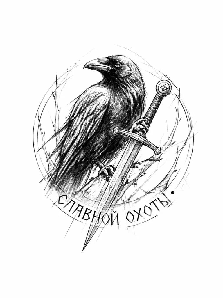 Тату эскиз: Ворон, меч, надпись славной охоты