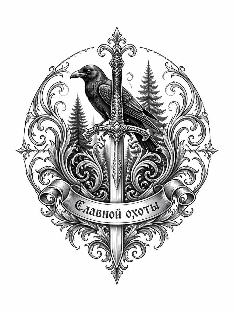 Тату эскиз: ворон, меч, ель