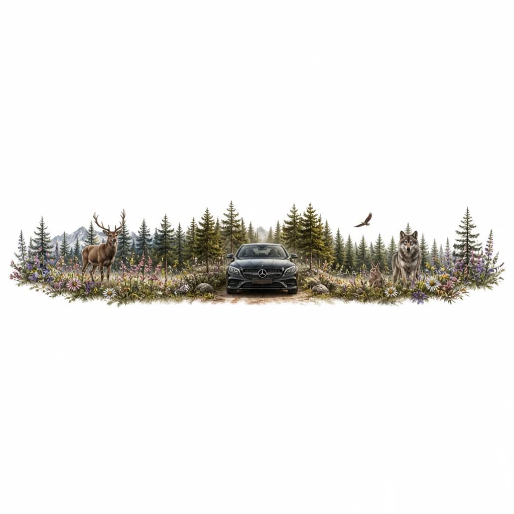 Тату эскиз: Лес, полевые цветы, автомобиль мерседес, лесные животные