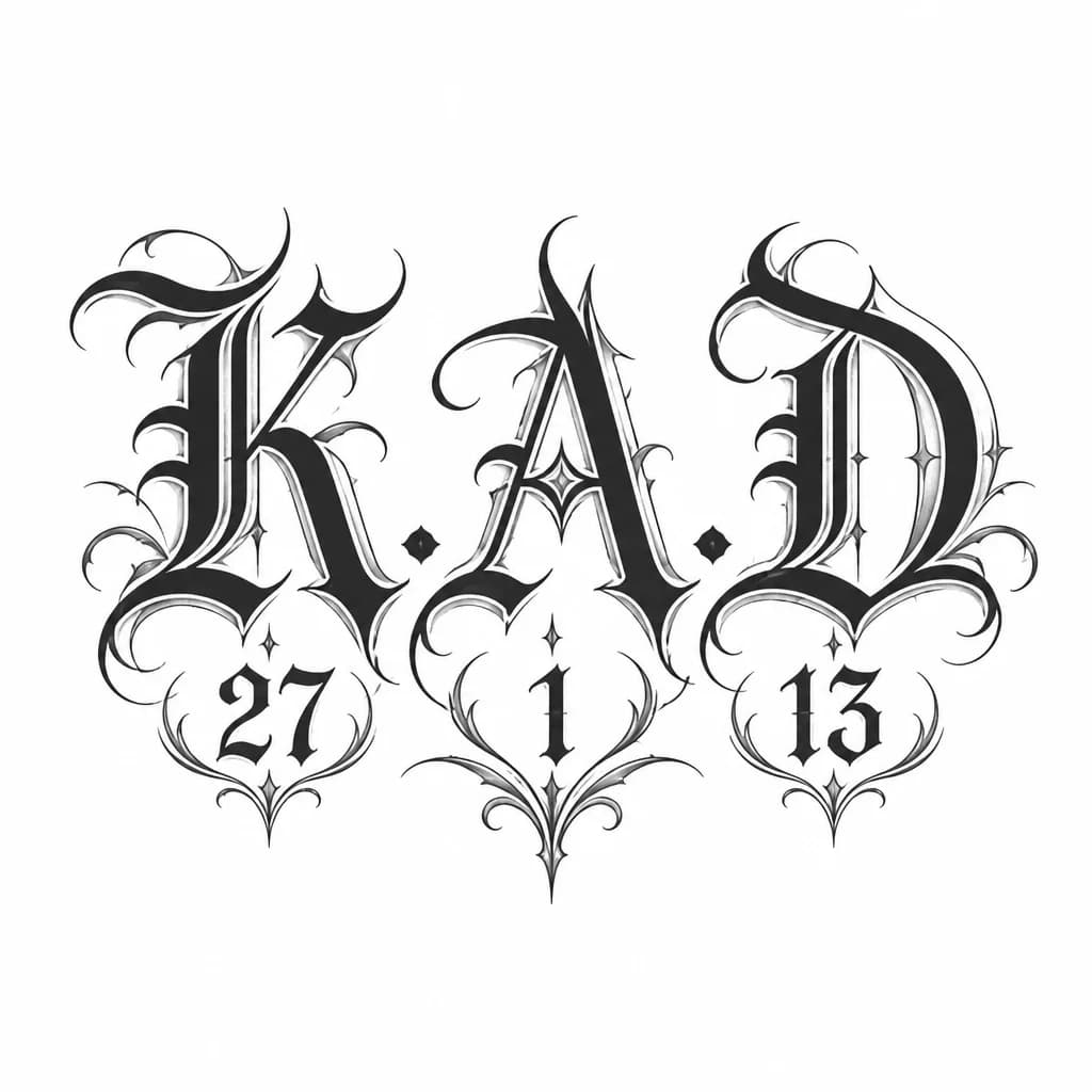 Тату эскиз: K.A.D а под каждой буквой цифра под K 27  под А 1 Под D 13