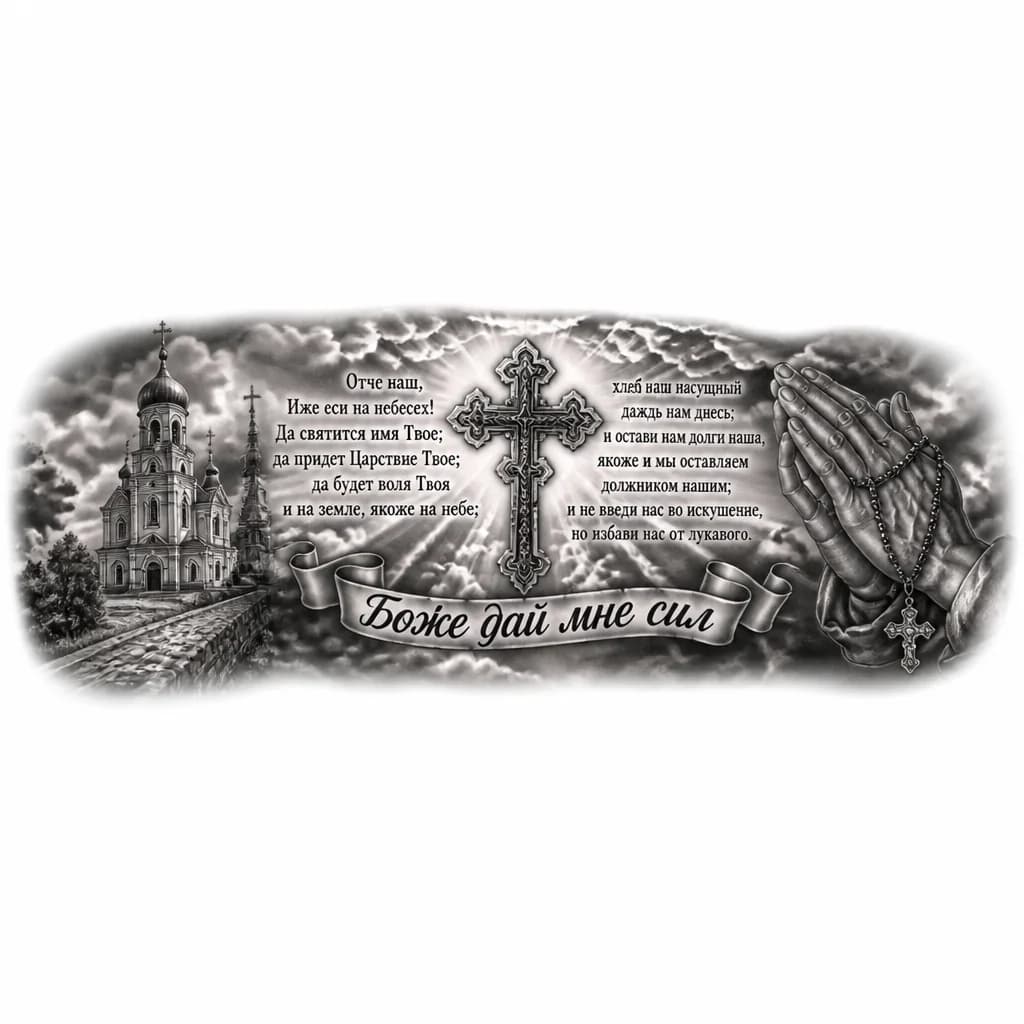 Тату эскиз: Тату с молитвой отче наш, на фото крест и храм 