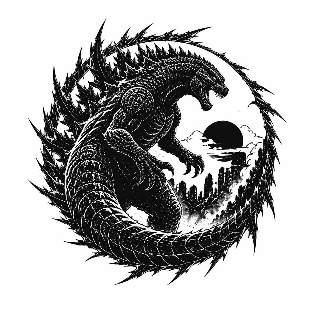 Тату эскиз: Его тело и хвост образуют замкнутый динамичный круг, а шипы, направленные наружу, превращают тату в агрессивный оберег, отталкивающий негатив. Стиль блэкворк (blackwork) придаст рисунку графичность, контраст и брутальность, идеально подходящую для плеча. годзила должен бить как из фильма Годзила минус 1
