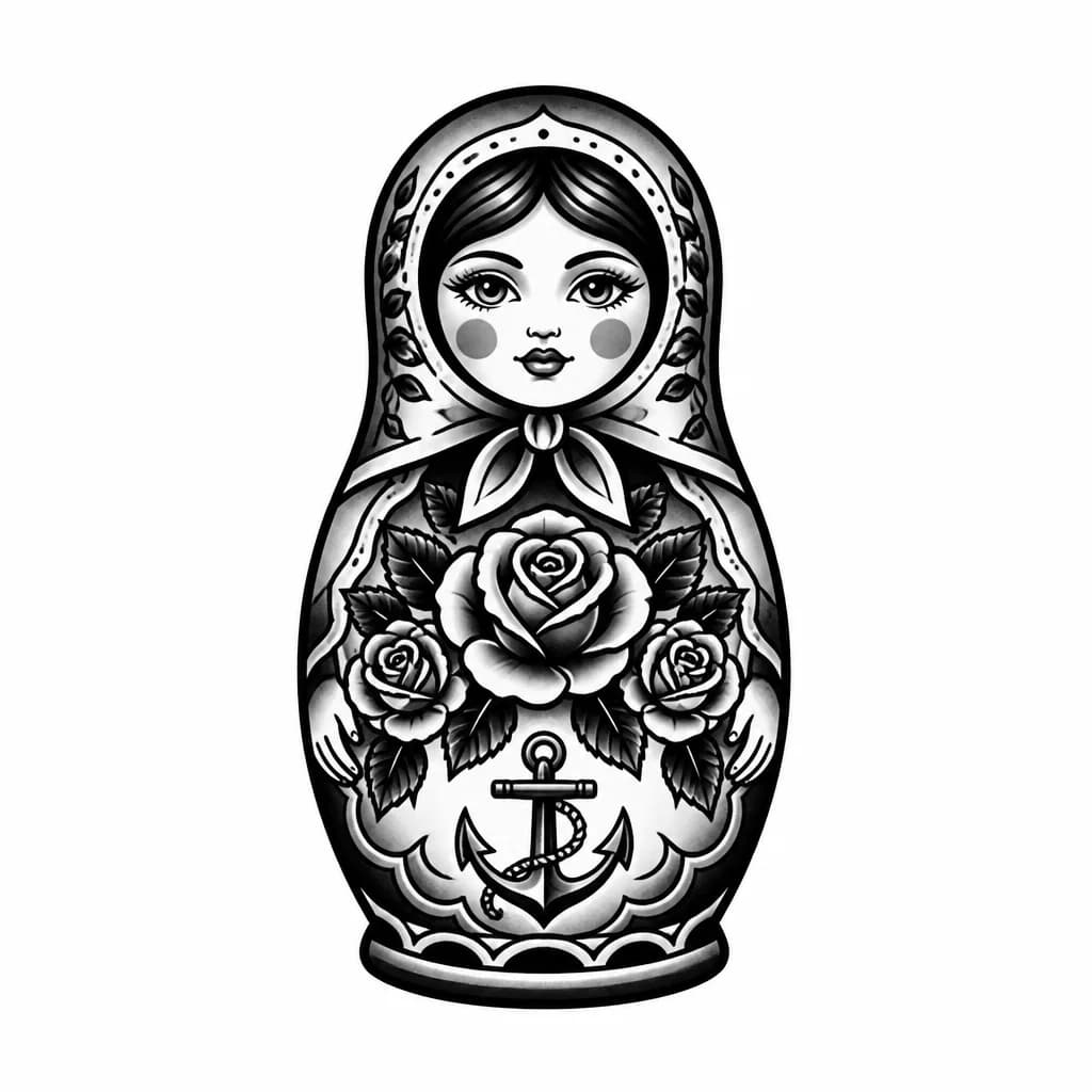 Тату эскиз: эскиз тату,розы,черный контур,девушка матрешка