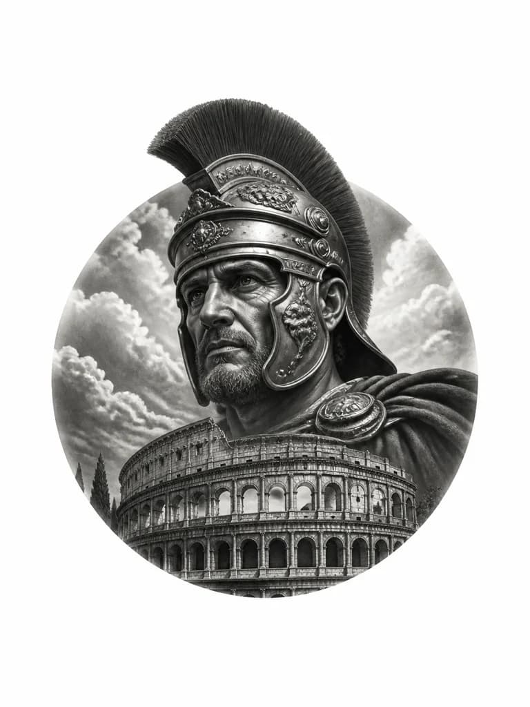 Тату эскиз: Римский генерал в шлеме портрет сверху и снизу колизей