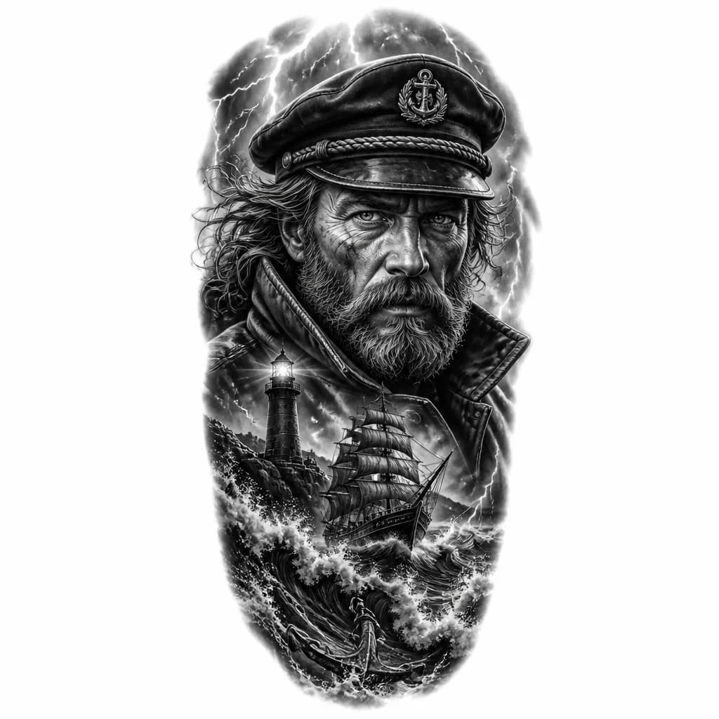 Тату эскиз: Морской волк шторм