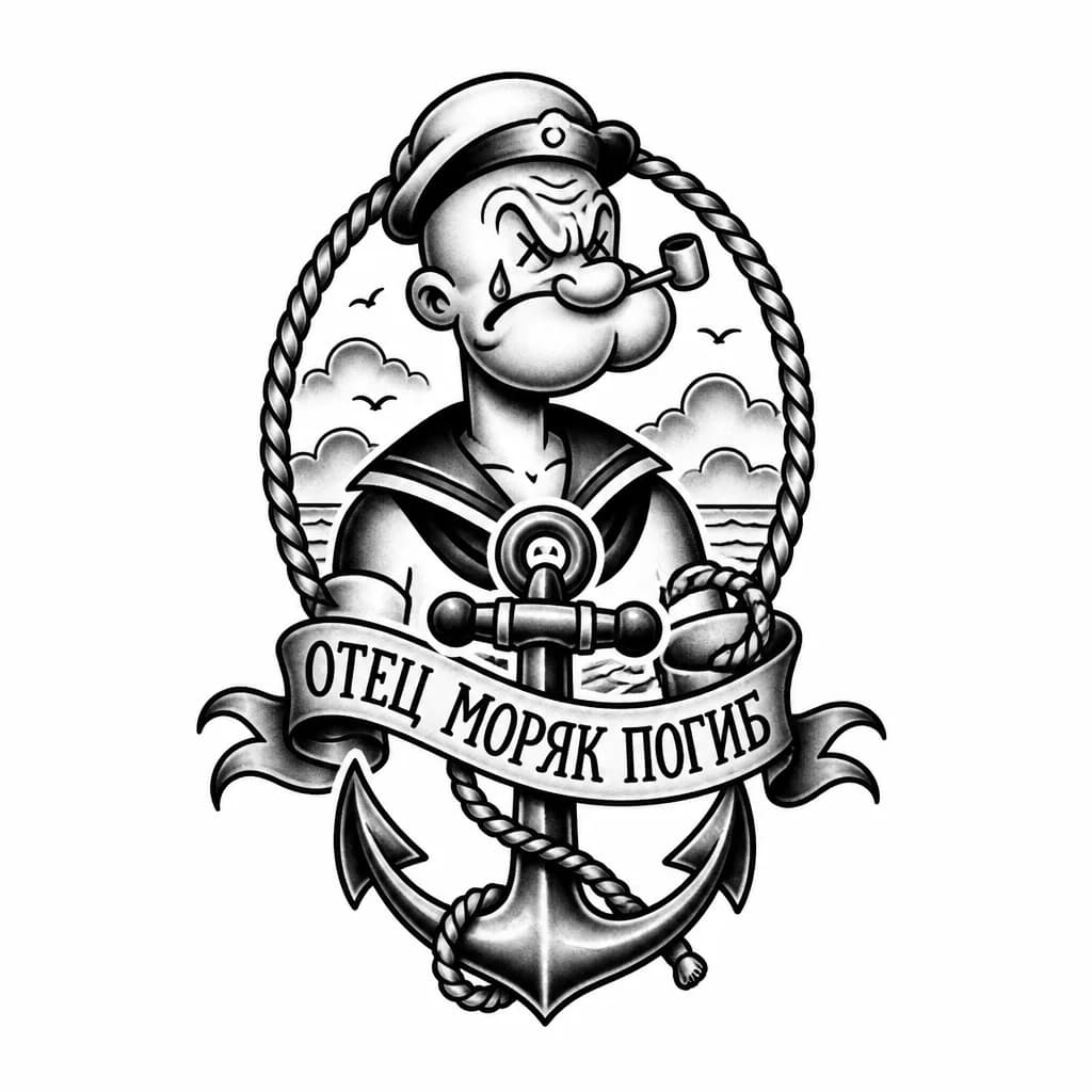 Тату эскиз: Отец моряк погиб ( изобразить в виде папайя моряк из мультика)  и добавить якорь 