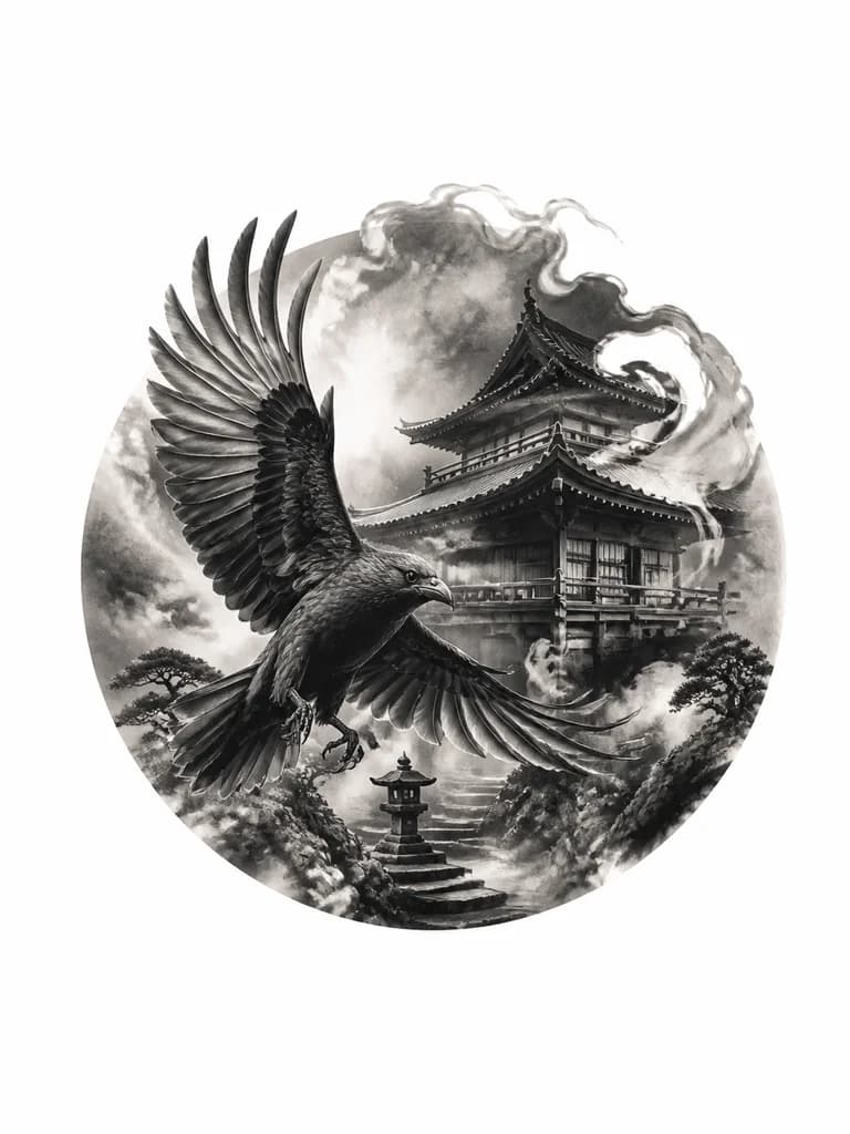 Тату эскиз: Птица ,японский домик(храм )
Туман или дым 
Историческая морфология
