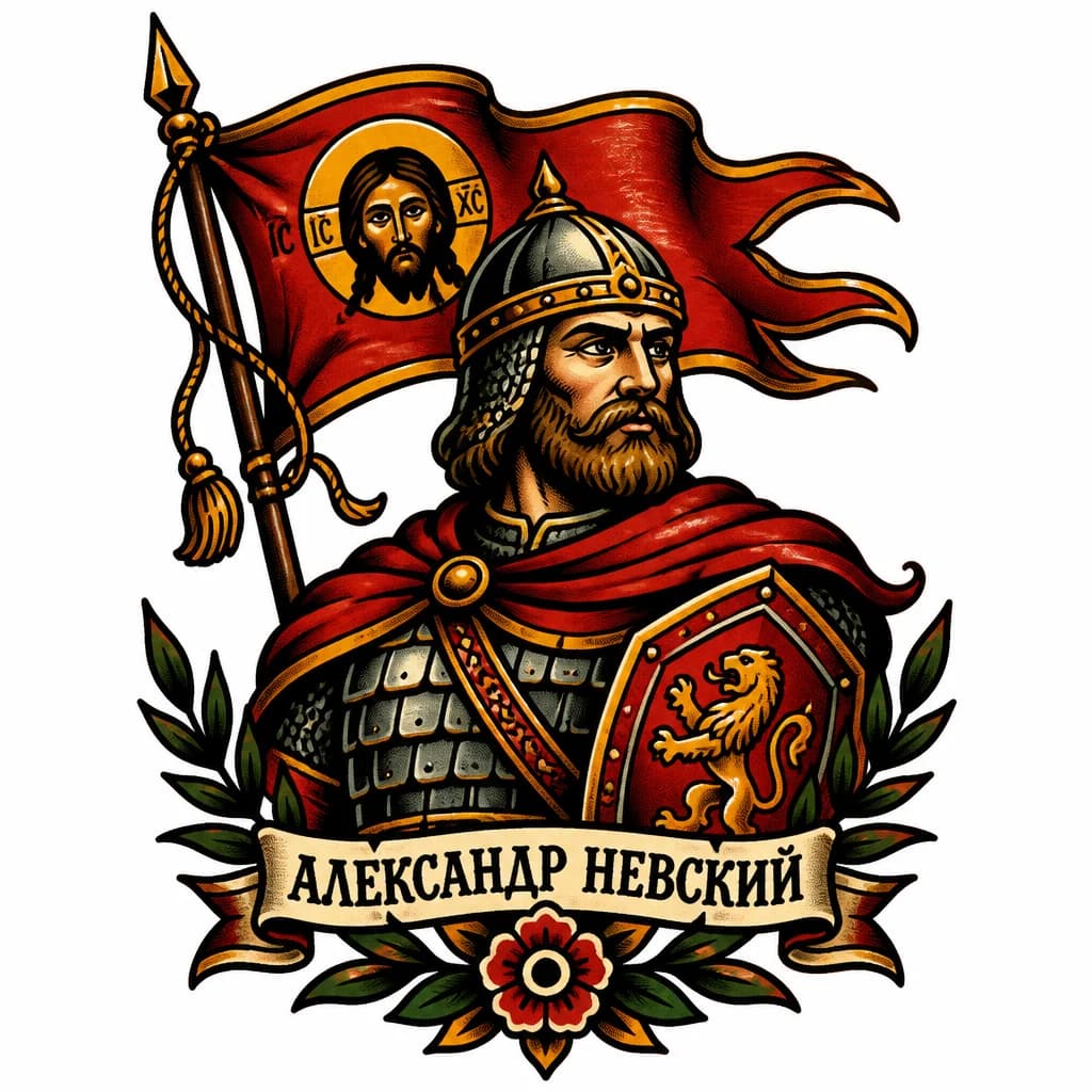 Тату эскиз: Александр Невский в стиле олдскул на фоне стяга 