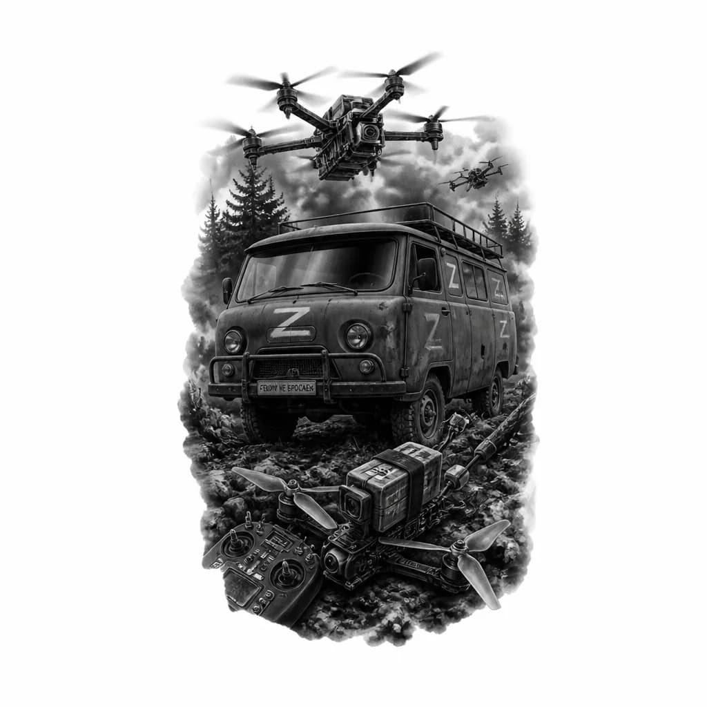Тату эскиз: Уаз буханка на сво и fpv дроны