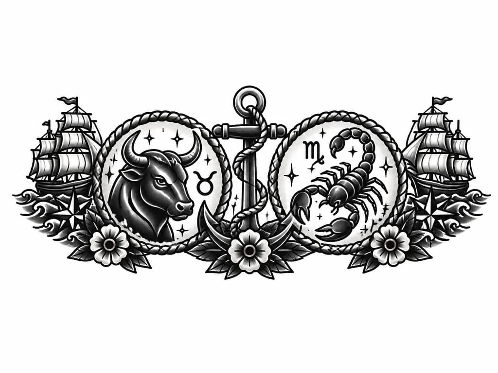 Тату эскиз: Знак зодиака телец и скорпион