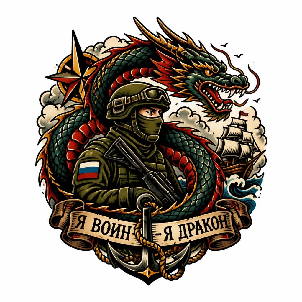 Тату эскиз: Участник СВО в перемешку с драконом 
Слова "Я воин - я дракон"