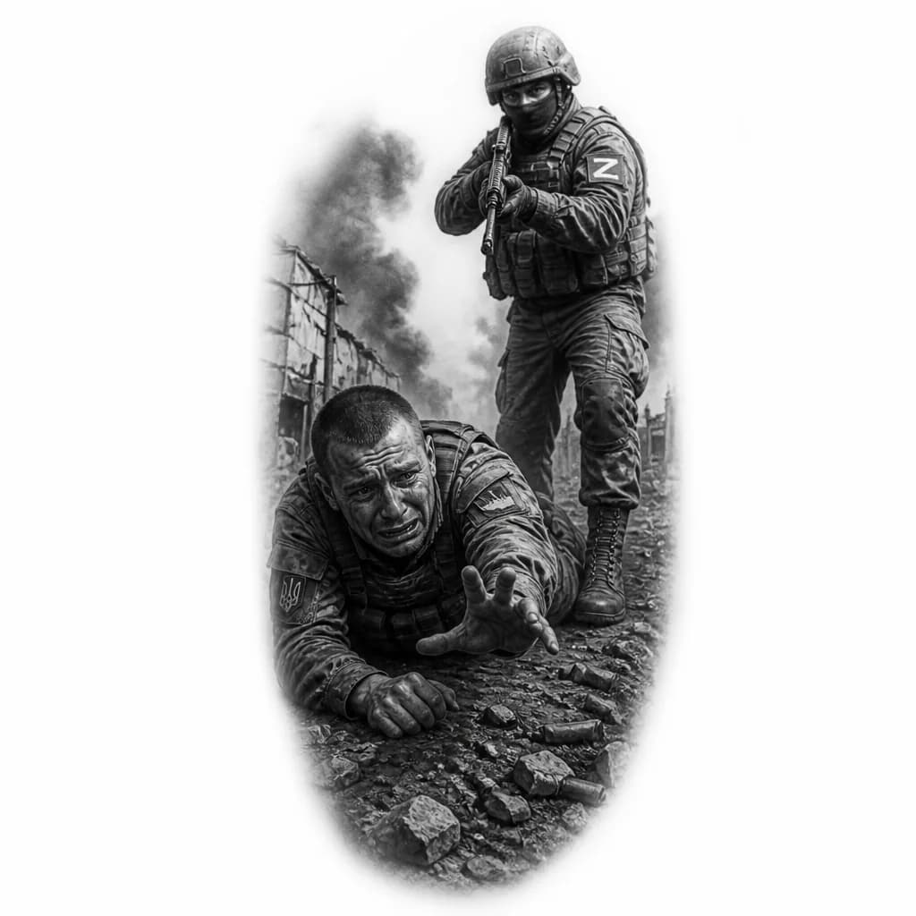 Тату эскиз: Военнослужащий ВСУ уползает от солдата ВС РФ моля о пощаде.