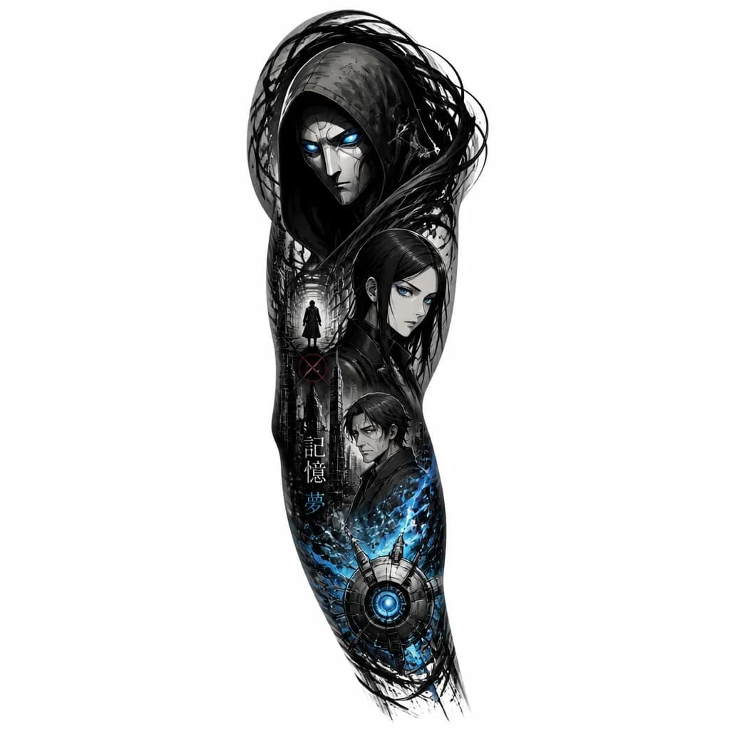 Тату эскиз: Техническое задание для тату-эскиза: Рукав «Ergo Proxy»Общая концепция: Mрачный, контрастный рукав по аниме «Ergo Proxy» в стиле Черно-белый Реализм / Графика с яркими цветными акцентами (Color Pop).1. Верхняя часть (Плечо и дельтовидная мышца):Сюжет: Крупный план маски Эрго Прокси в капюшоне.Стиль: Глубокий черный цвет, плотный покрас, нуарные тени. Волосы и элементы разорванного плаща Прокси уходят на ключицу и лопатку, создавая анатомическую «шапку» рукава.Цветной акцент: Глаза Прокси. Сделат