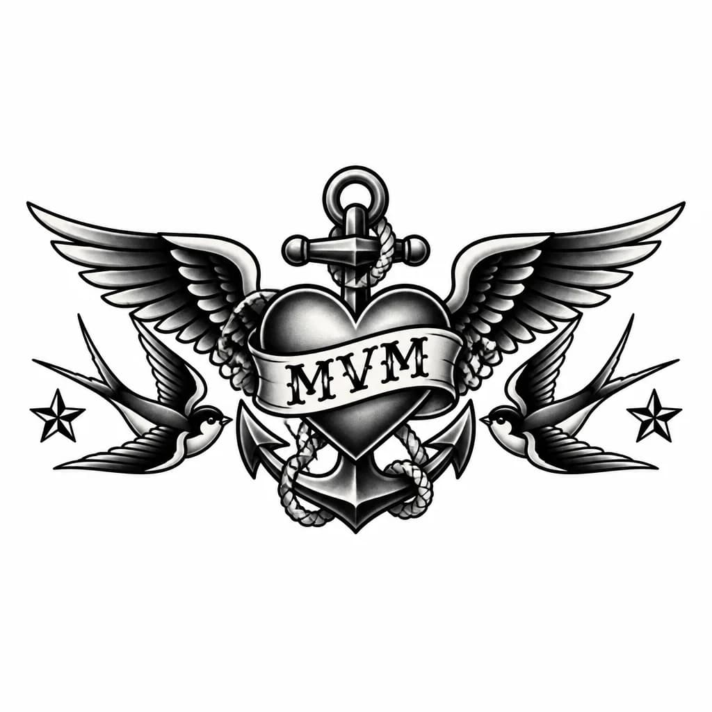 Тату эскиз: Буквы MVM на сердце