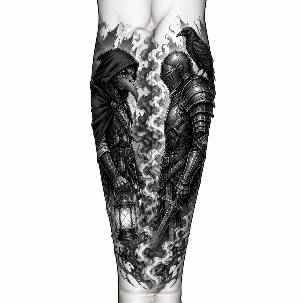 Тату эскиз: A professional black and grey tattoo design layout for a full forearm to elbow sleeve, pale skin background, dark fantasy gothic theme. On the inner side of the forearm is a detailed plague doctor in a hood holding a lantern. On the outer side of the forearm is a medieval knight in full plate armor with a black raven sitting on his shoulder, looking inward. The gap between them is filled with thick, swirling toxic smoke and fog. The top edge of the design stops exactly at the elbow crease. At th