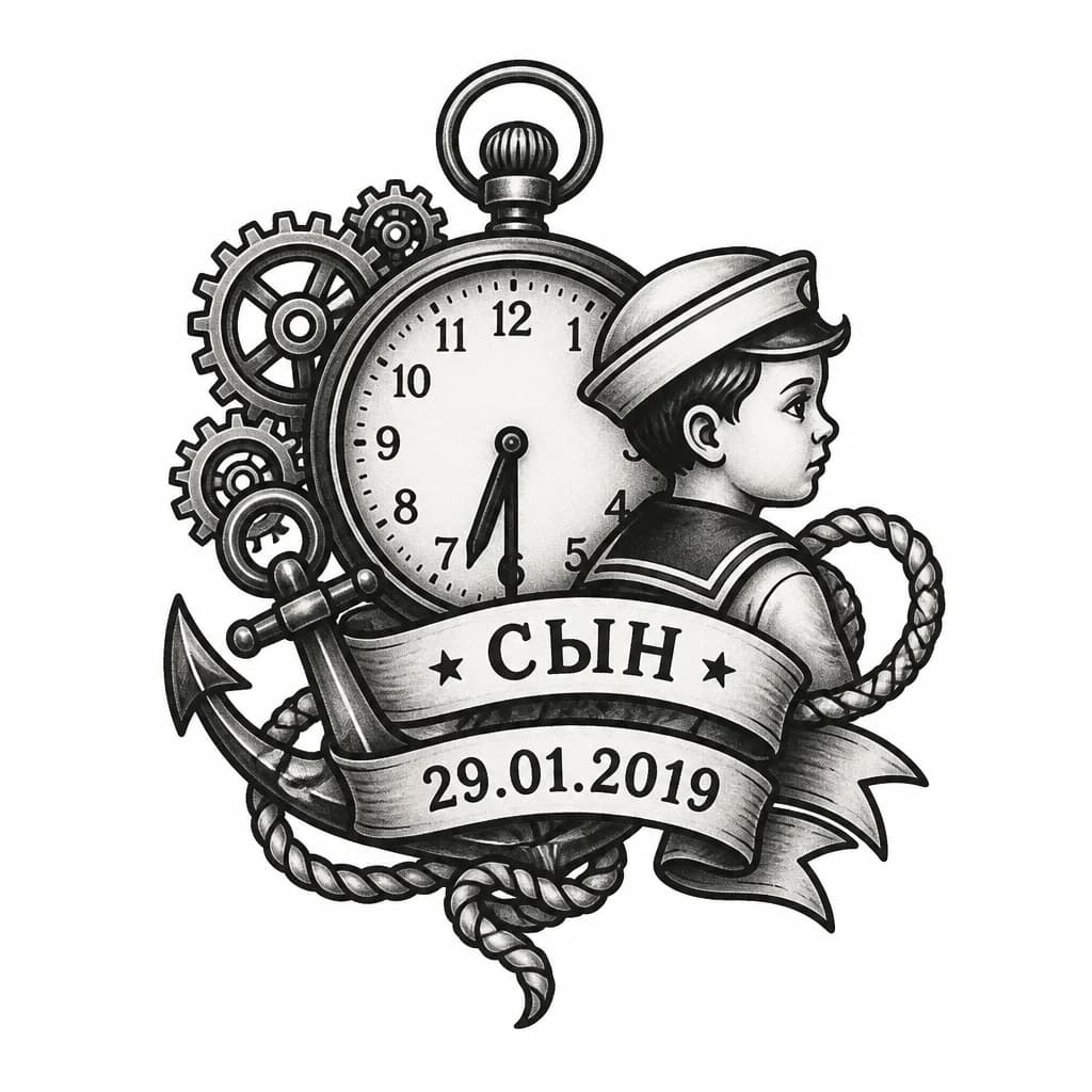 Тату эскиз: Часы с временем 6.30 шестеренки , сын, 29.01 2019
