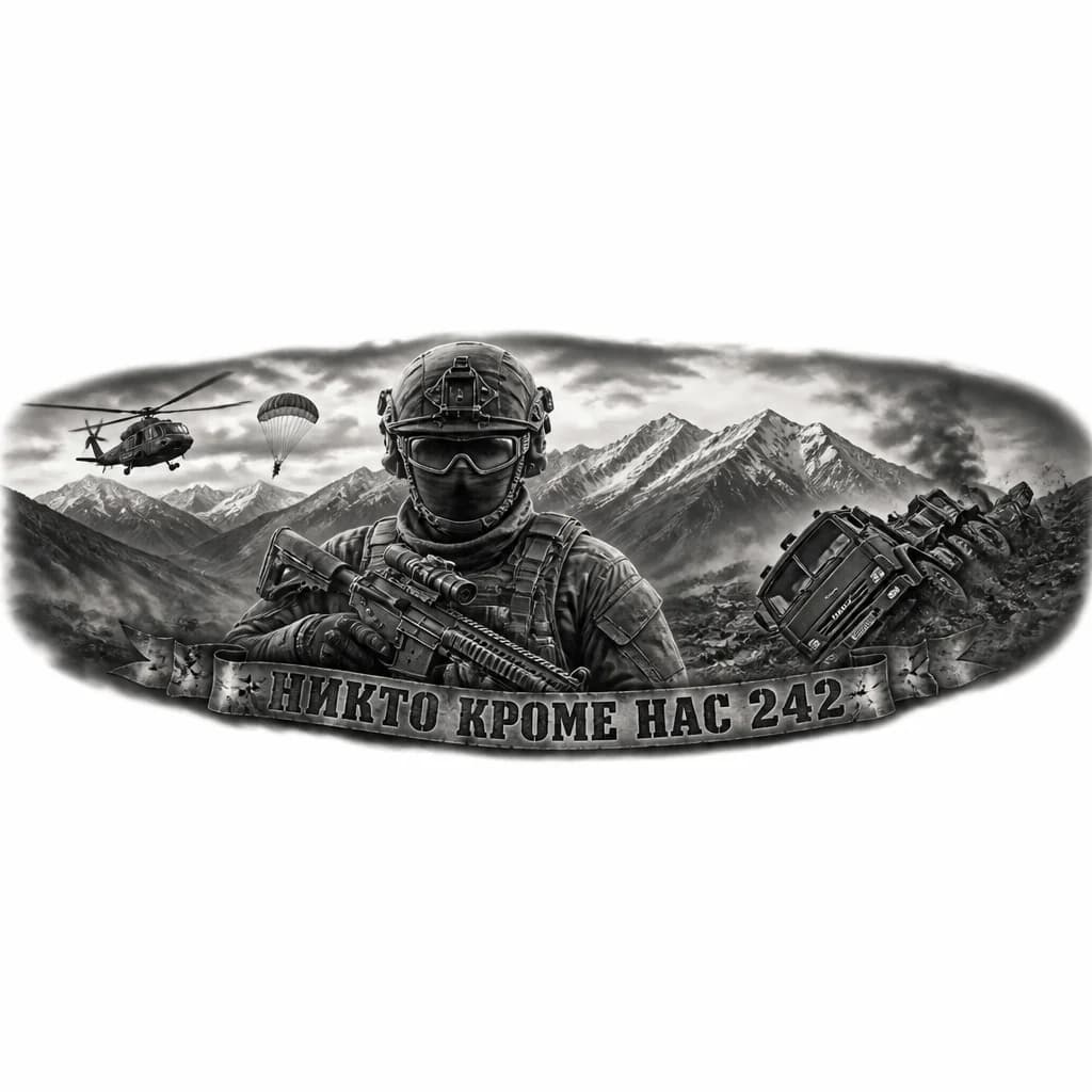 Тату эскиз: Боец с автоматом, вдали перевернутый камаз, позади Кавказские горы и вертолет с парашютом. 