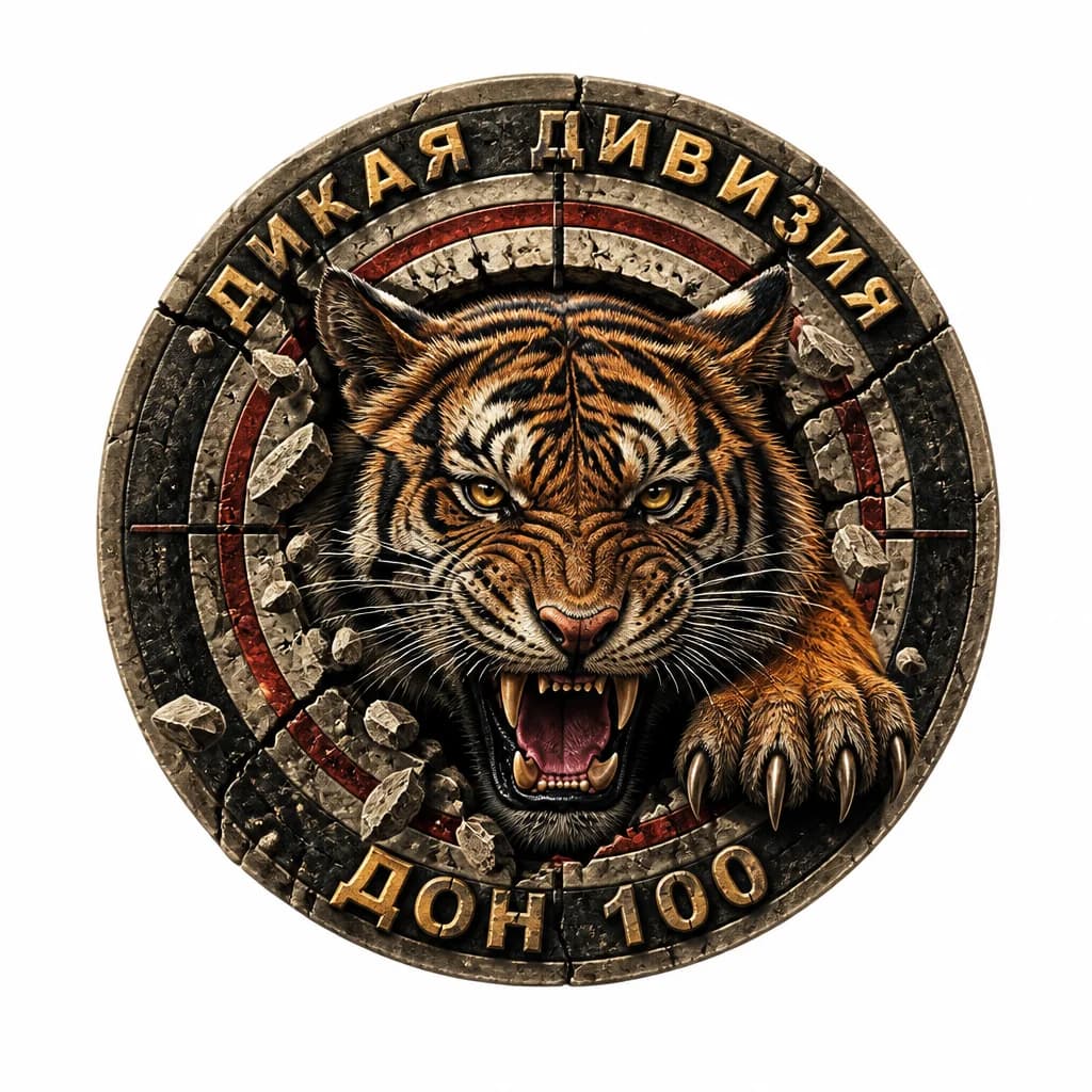 Тату эскиз: голова тигра выпригивает из мишени надпись дикая дивизия дон 100