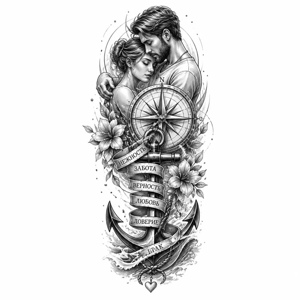 Тату эскиз: Нежность, забота, верность, любовь, доверия, брак, якорь, компас