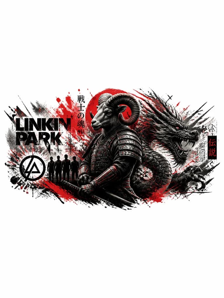 Тату эскиз: Самурай с головой Овна, дракон, Linkin Park