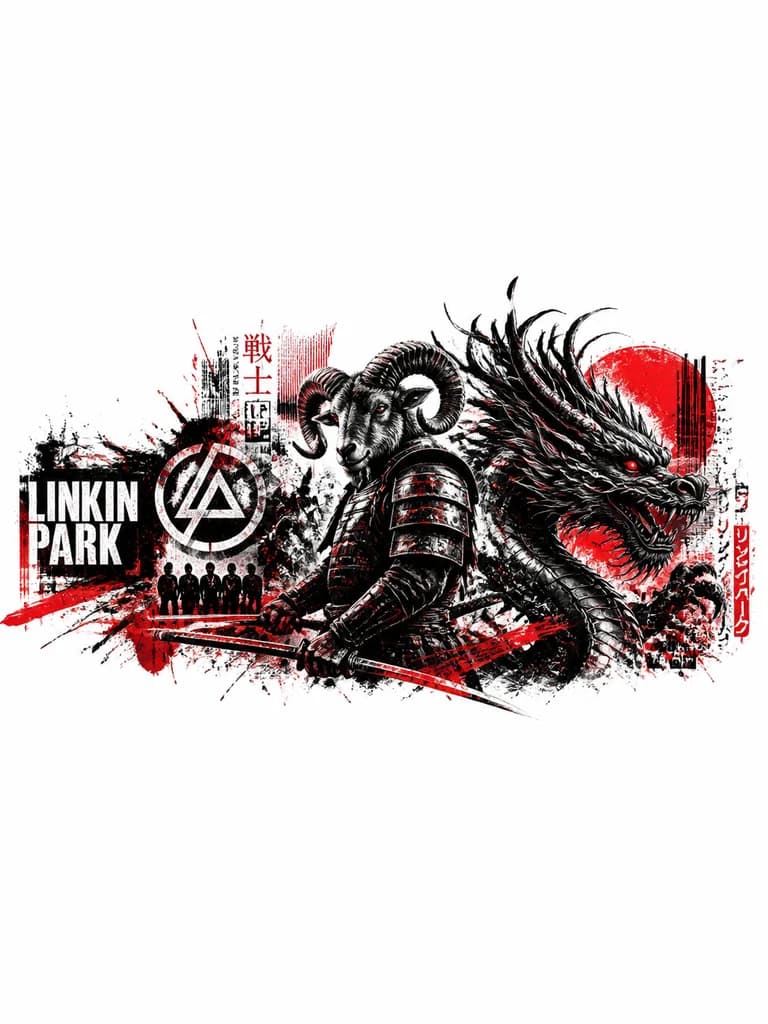 Тату эскиз: Самурай с головой Овна, дракон, Linkin Park