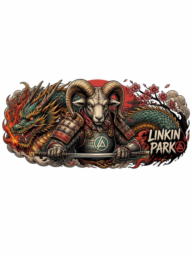 Тату эскиз: Самурай с головой Овна, дракон, linkin park
