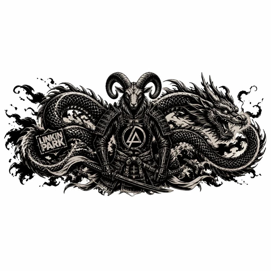 Тату эскиз: Самурай с головой Овна, дракон, linkin park

