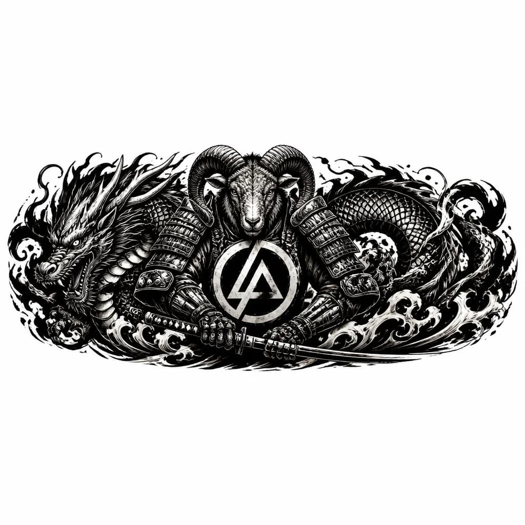 Тату эскиз: Самурай с головой Овна, дракон,значёк linkin park
