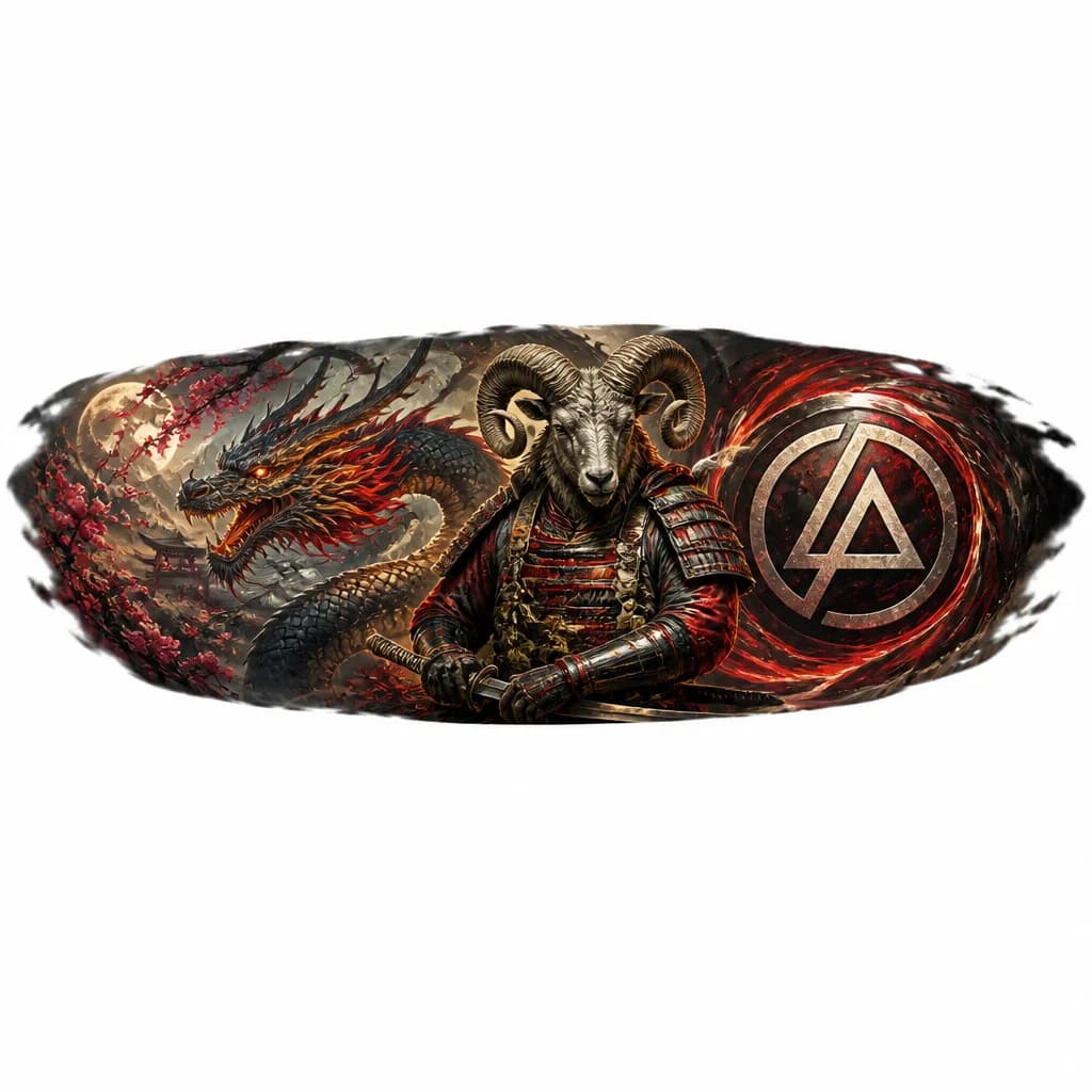 Тату эскиз: Самурай с головой Овна, дракон,значёк linkin park
