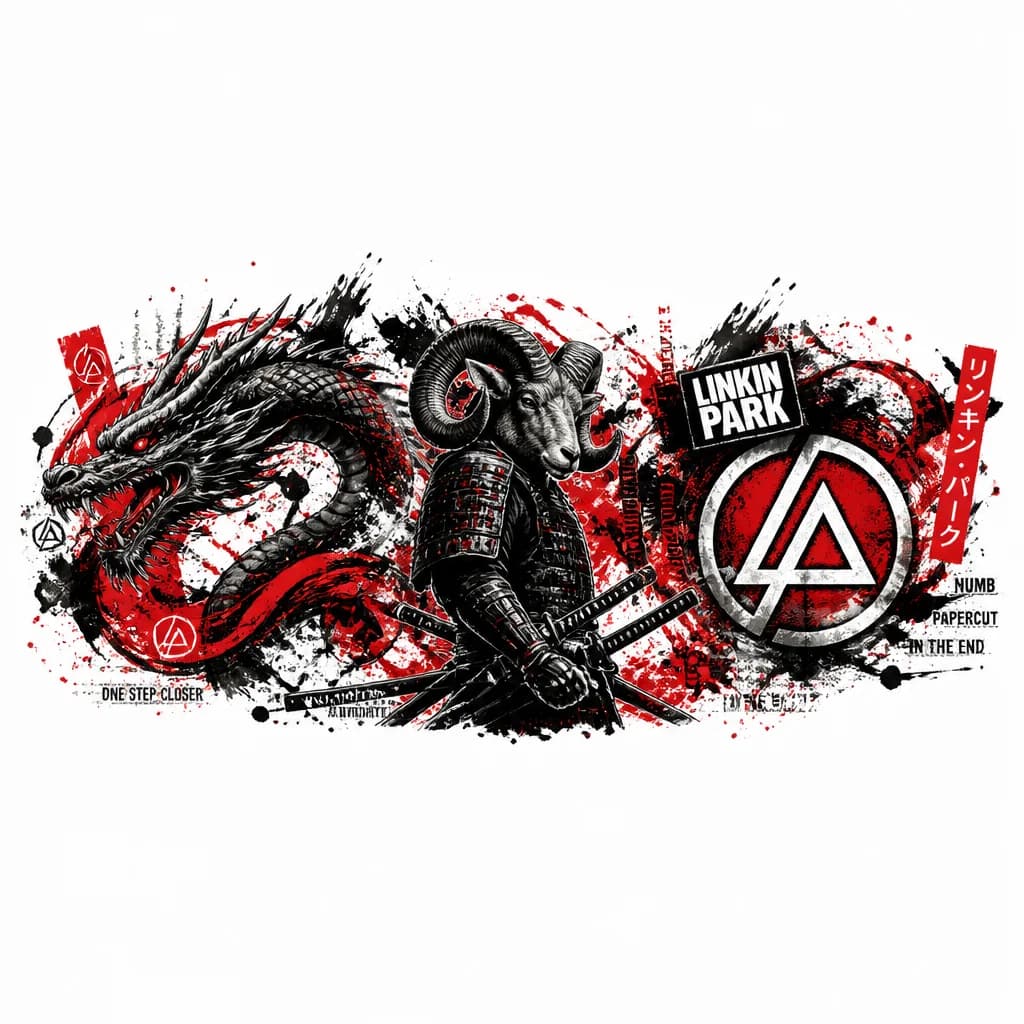 Тату эскиз: Самурай с головой Овна, дракон,значёк linkin park
