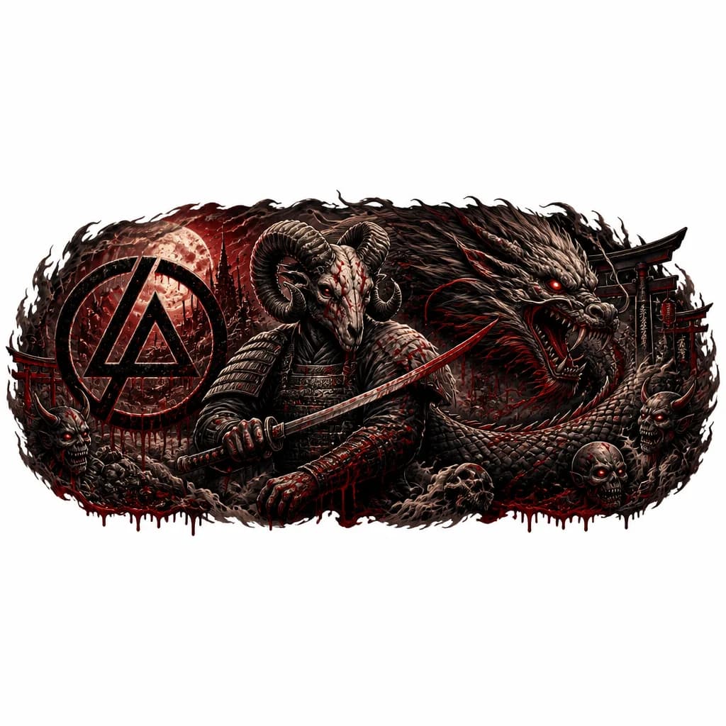 Тату эскиз: Самурай с головой Овна, дракон,значёк linkin park
