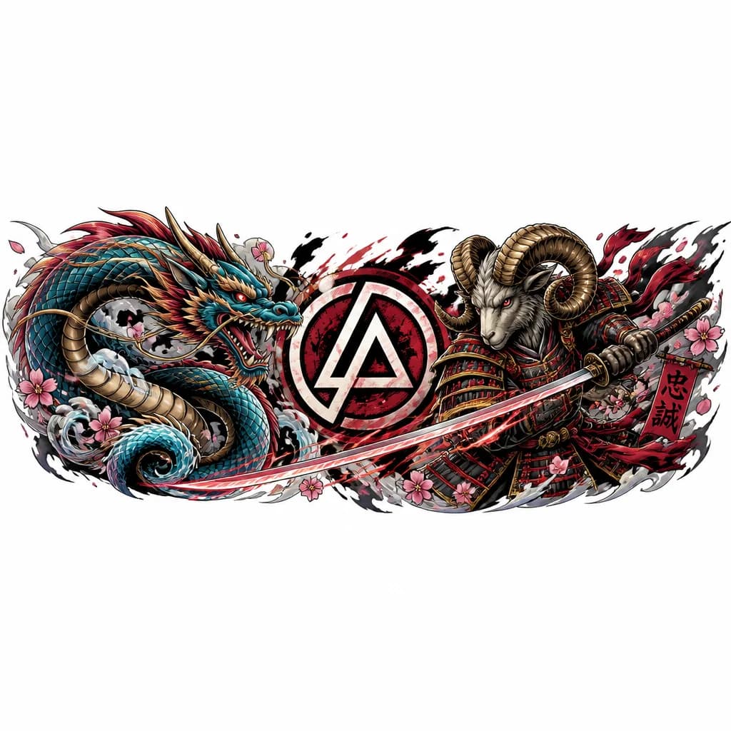 Тату эскиз: Самурай с головой Овна, дракон,значёк linkin park
