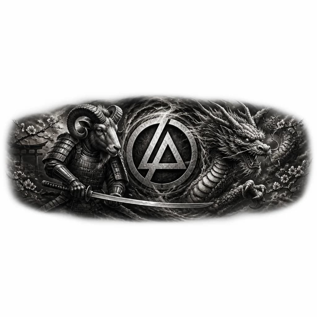 Тату эскиз: Самурай с головой Овна, дракон,значёк linkin park

