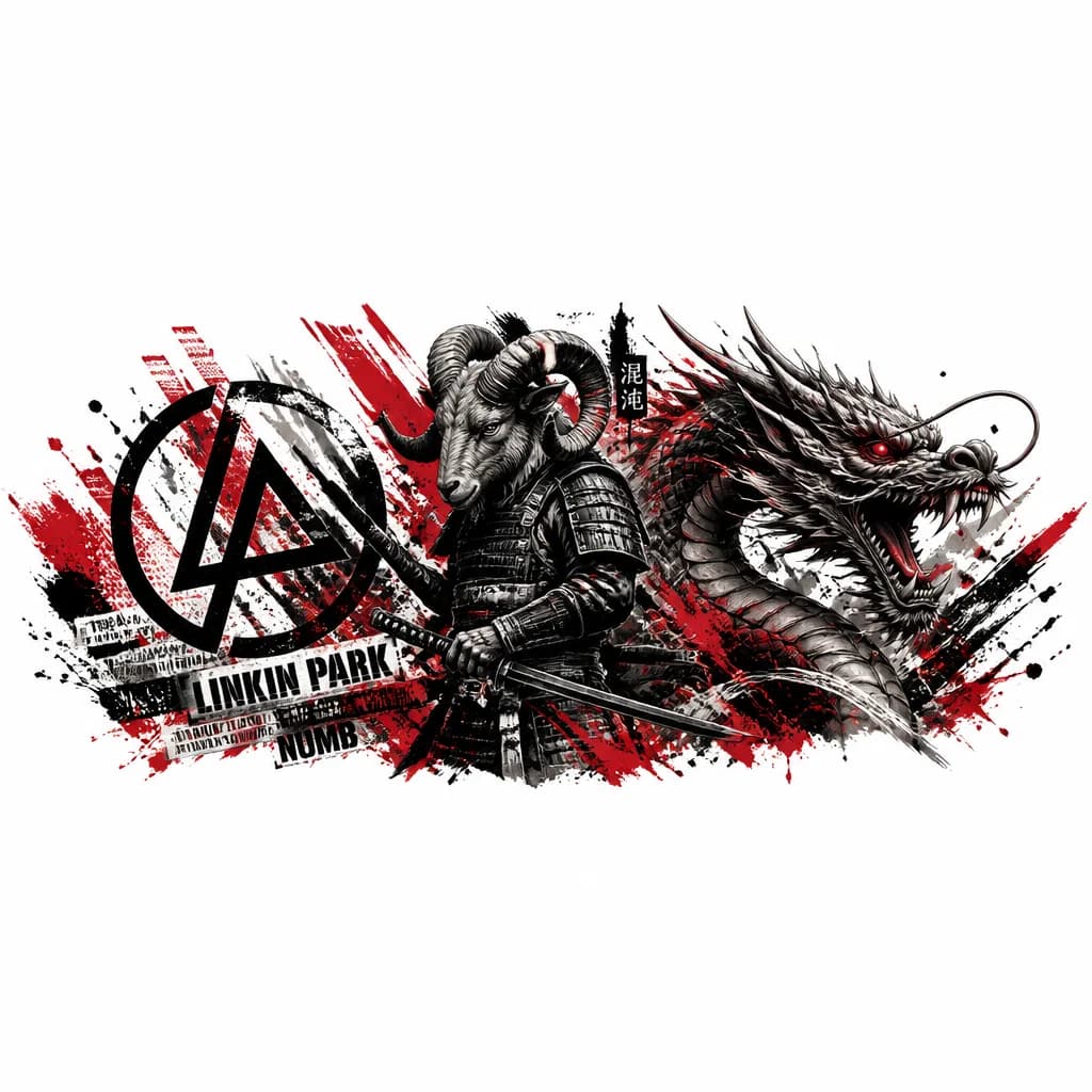 Тату эскиз: Самурай с головой Овна, дракон,значёк linkin park
