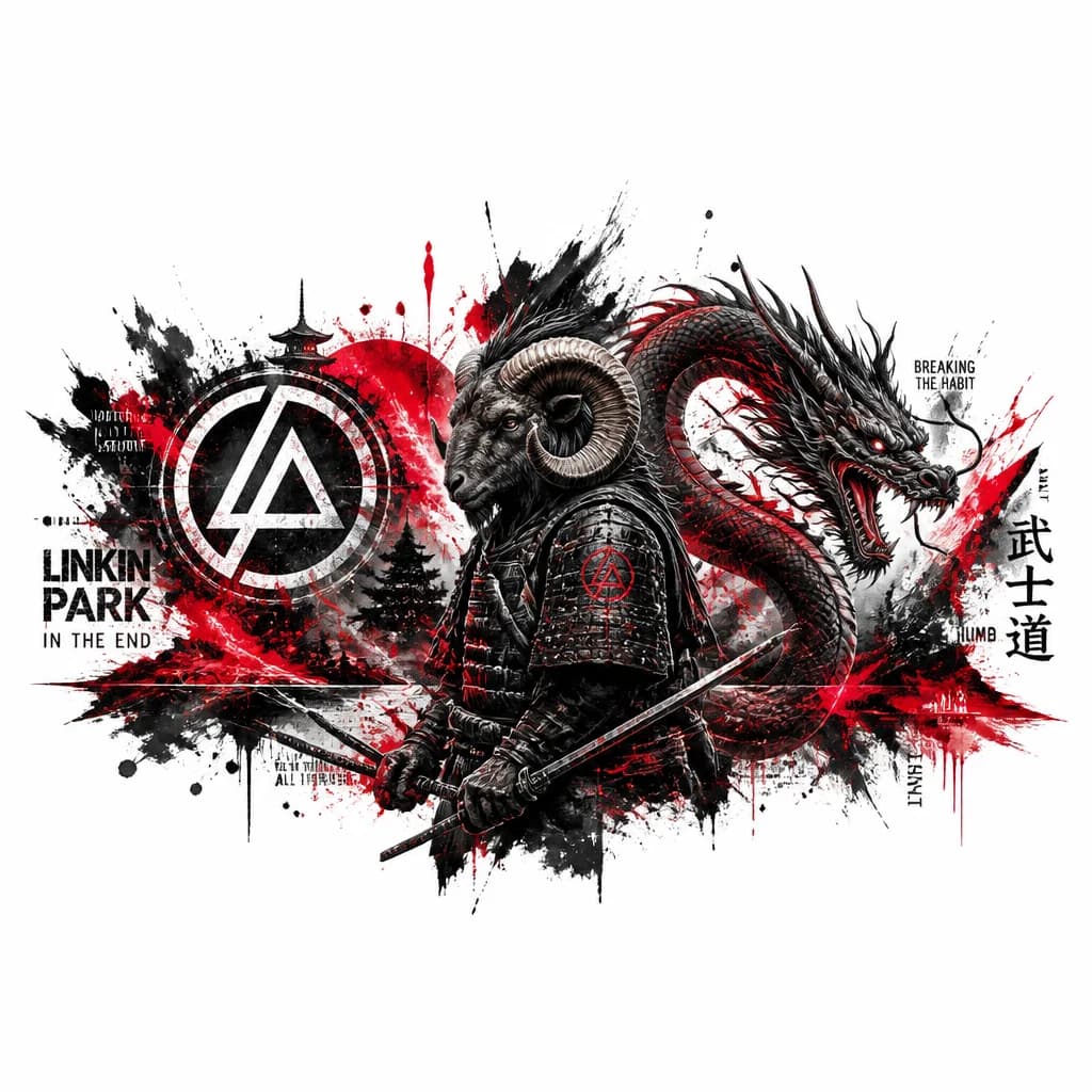 Тату эскиз: Самурай с головой Овна, дракон,значёк linkin park
