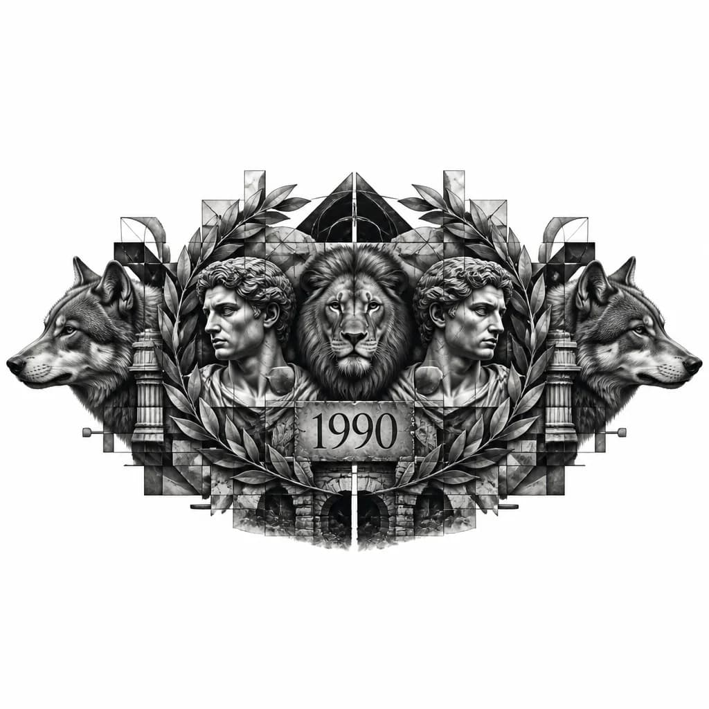 Тату эскиз: Пэтчворк, изображения животный, скульптур, геометрических фигур, обструкции, венков, даты 1990
  
